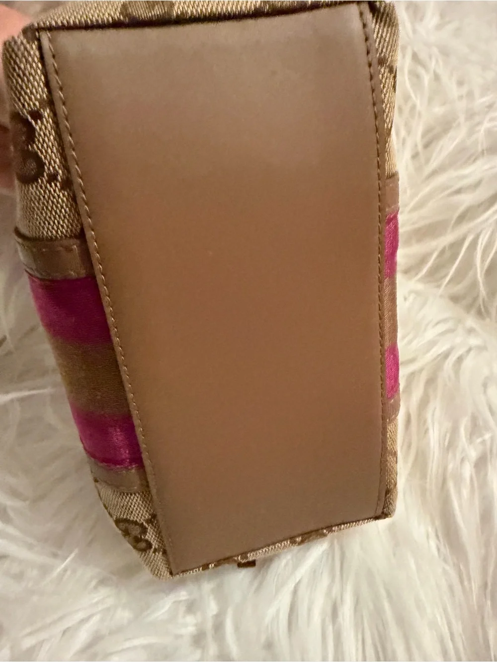 Gucci Beige GG Canvas Cosmetic Pouch with Pink and Brown Center Stripe